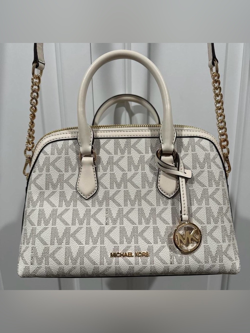 Michael Kors Cream/White MK Logo Dome Satchel Crossbody with Gold Hardware